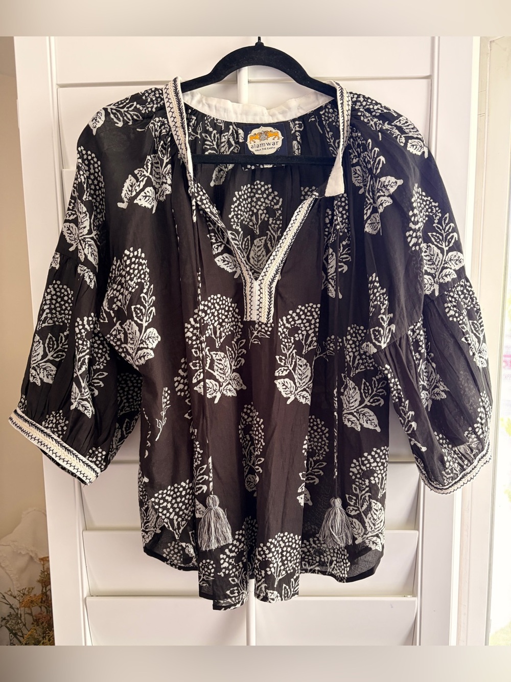 Alamar Black and White Floral Tassel Peasant Top